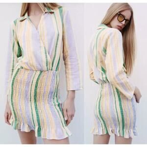 Zara The Valery Dress Multicolor Pastel Smocked Striped Mini Dress Size L